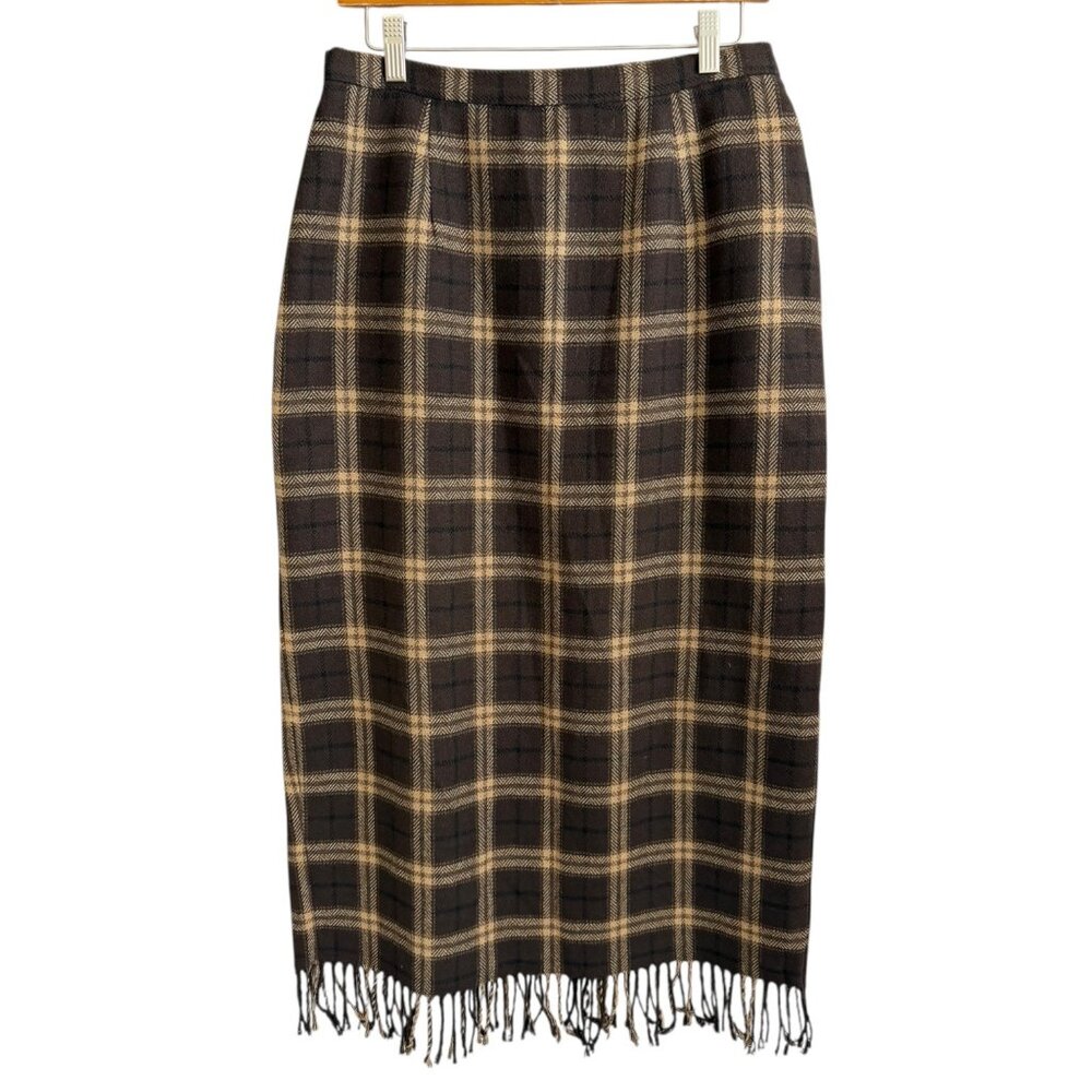 Vintage Brown Plaid Midi Skirt with Fringe